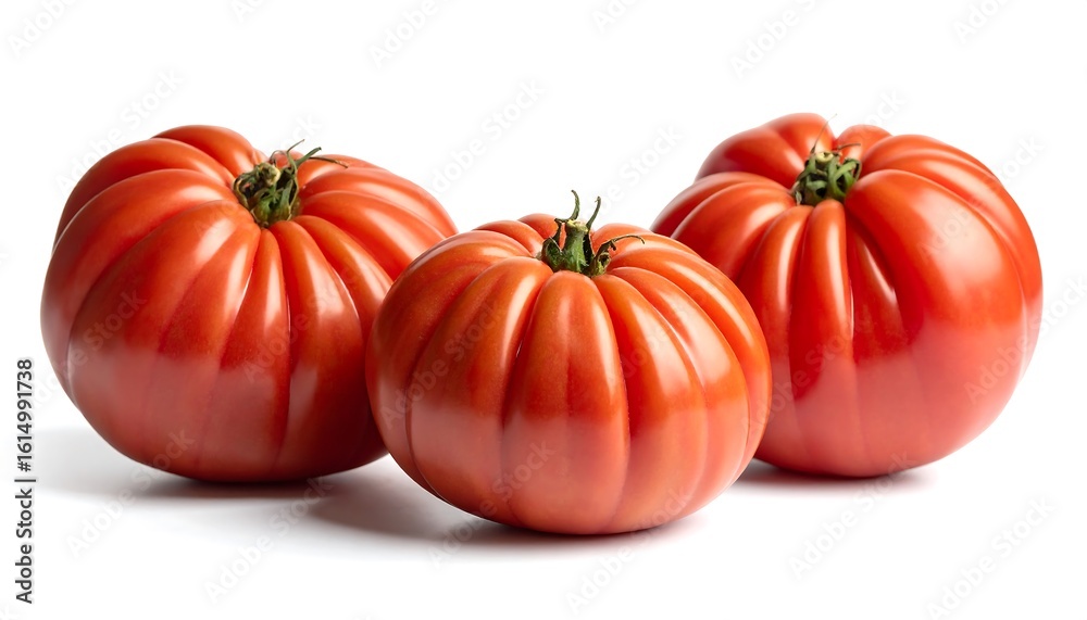Three plump, round tomatoes against a white background Three plump, round tomatoes against a white background