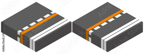 道路（オレンジの実線と白色の破線と歩行者用路側帯）
Roads (orange solid lines, white dashed lines, and pedestrian shoulders)