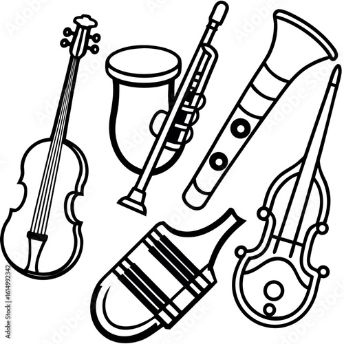 Black outline music instruments featuring stringed, wind and brass elements against transparent background