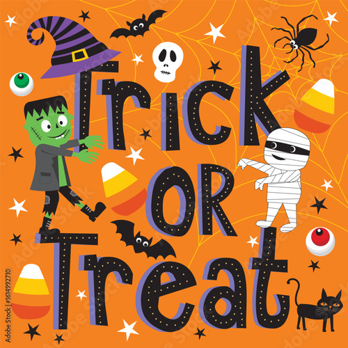 Happy Halloween Trick or Treat with Spooky Characters and Festive Decorations