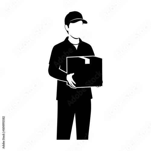 Silhouette of Delivery Man Holding Box – Parcel Courier Service Vector Icon