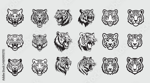 Tiger head icon set, Set of tiger head, Minimal cat heads, Tiger face icon silhouettes Bundle, Roaring tiger heads vector illustration