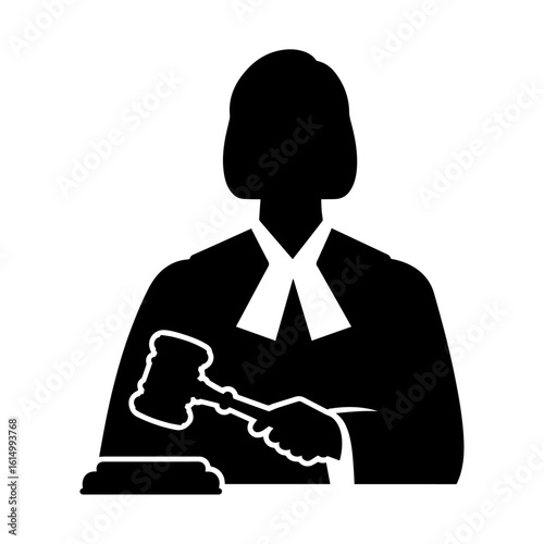 Silhouette of Female Judge with Gavel – Legal Authority Court Icon Vector