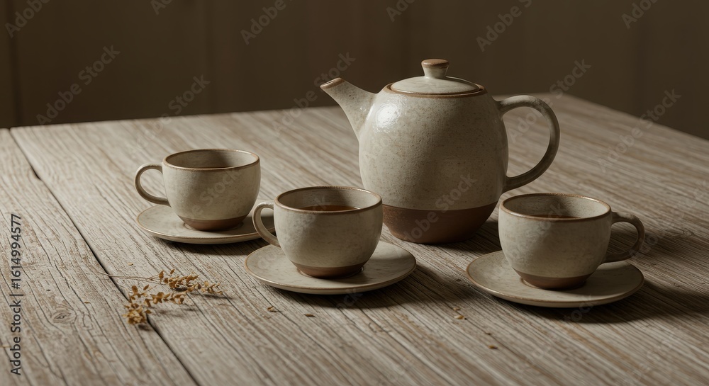 Fototapeta premium Elegant Rustic Teapot and Cups Set on Wooden Table Surface