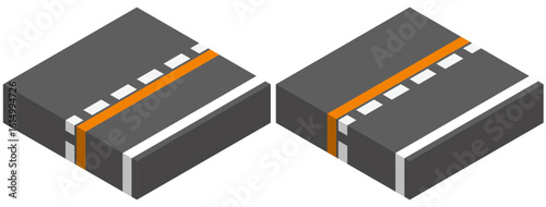道路（オレンジの実線と白色の破線と路側帯）
Roads (orange solid lines, white dashed lines, and roadside strips)