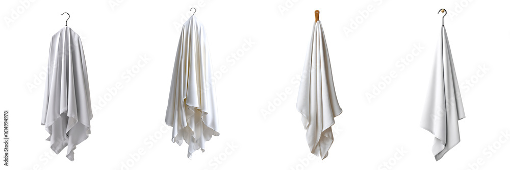 Set of White Towels Hanging from Hooks, Isolated on Transparent Background.
Set of White Towels Hanging from Hooks, Isolated on Transparent Background.
