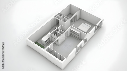Two-bedroom apartment floor plan, showing living area, bedrooms, and  kitchenette
