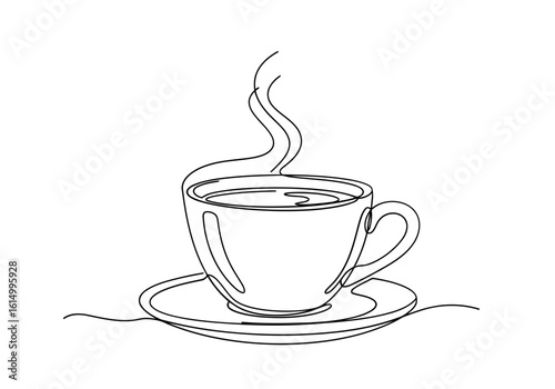 Vector art of line art of a steaming cup of coffee on a saucer