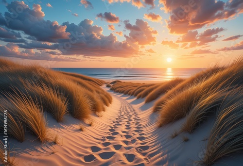 Peaceful sandy pathway leading through dunes toward ocean during colorful sunset light