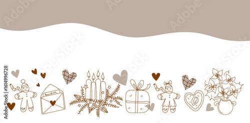 German Christmas tradition festive border. German Christmas Bread, Cookies and advent candles. Vector doodle line art hand drawn  illustration.