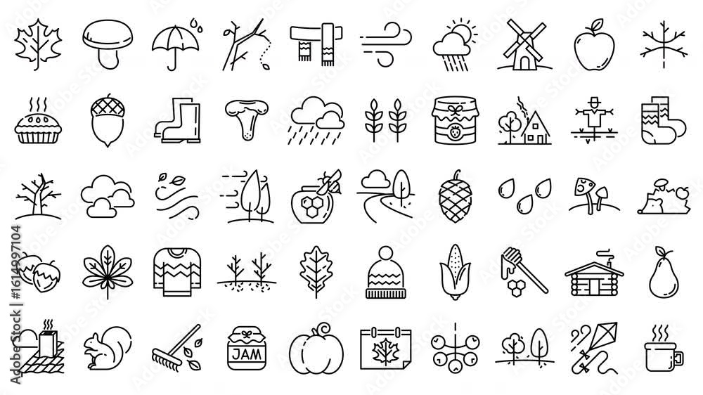 Autumn line icons appear with self-drawing animation and fade away. Perfect for seasonal motion design. Transparent alpha background.