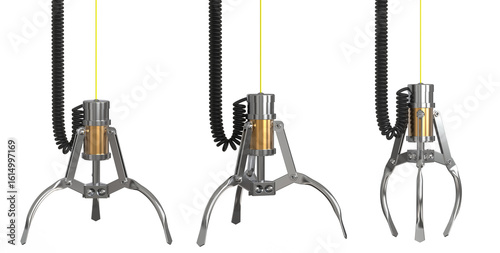 Opened and closed chrome robotic claw. Claw arcade game. Toy claw machine isolated on transparent background