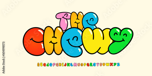 Chewy bubble alphabet, bold rounded letters, cute cartoon font for kids logo, playful headline, gummy emoji design, colorful street typography, joyful lollypop 3D typographic style. Vector typeset