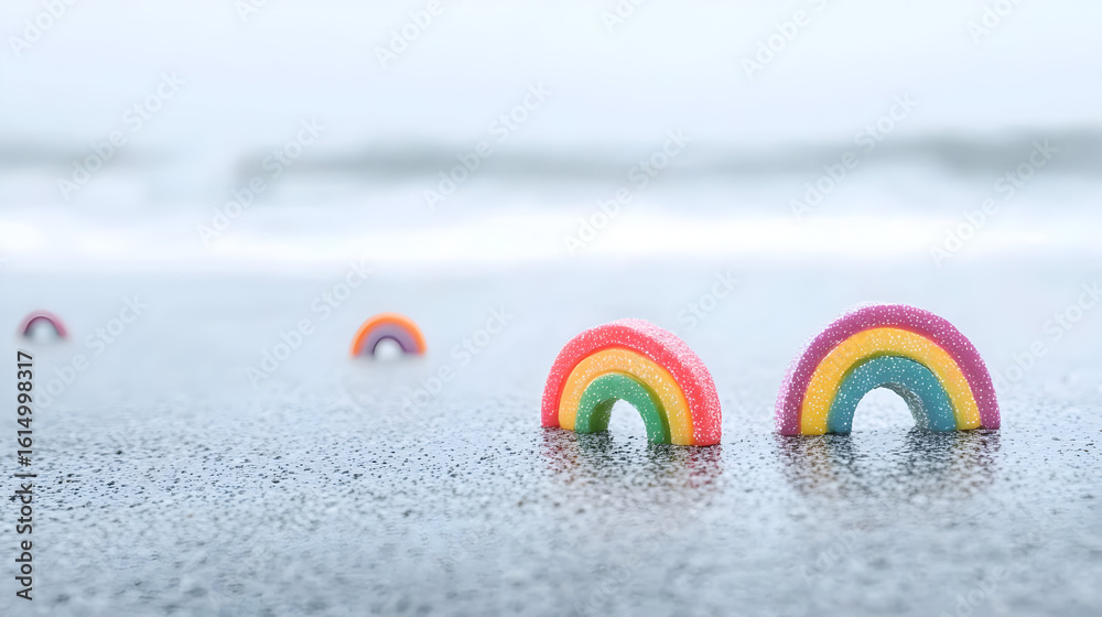 Naklejka premium Colorful rainbow shapes, resembling candies, rest on a beach. Soft waves in the background