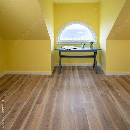 Bright yellow room with desk and arched window overlooking ocean interior