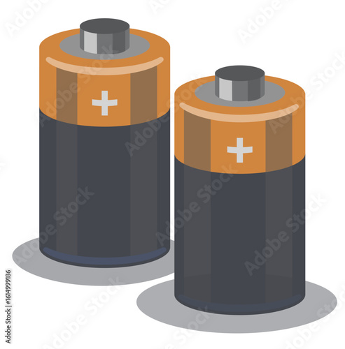 Two AA batteries, dark grey color with copper tops, displayed in simple and clean style. Ideal for themes related to energy, power supply, electronics, rechargeable devices, and household essentials.