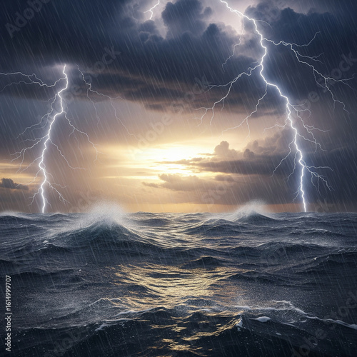 A powerful thunderstorm rages over a turbulent ocean with dramatic lightning strikes.

