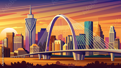 In Dallas, Texas, the skyline lights up behind the Margaret Hunt Hill Bridge. Semi-realistic vector style captures steel arcs and the golden tones of sunset.