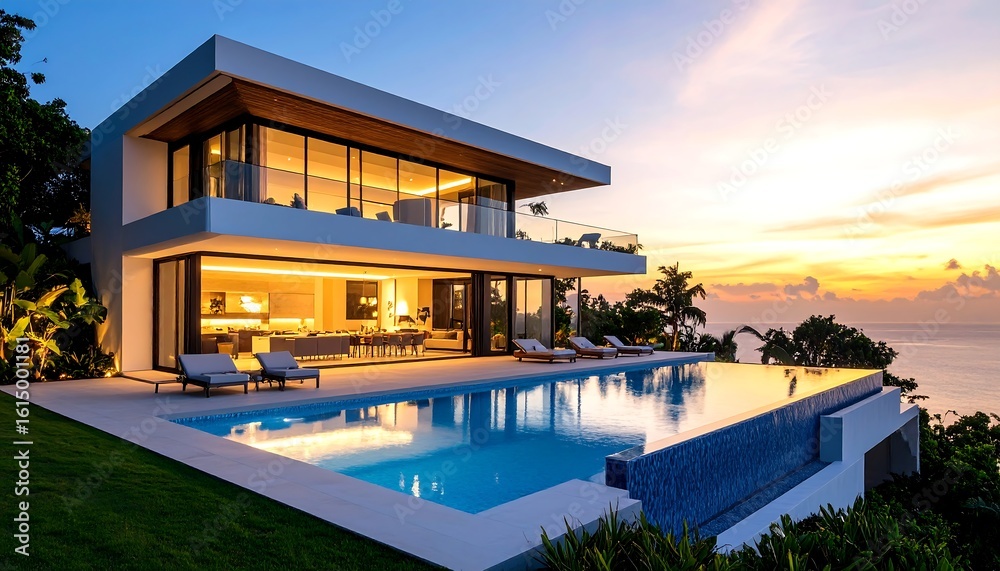 Obraz premium Modern cliffside home with infinity pool, sunset view