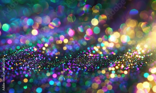 Colorful abstract bokeh background with shimmering festive lights and glitter