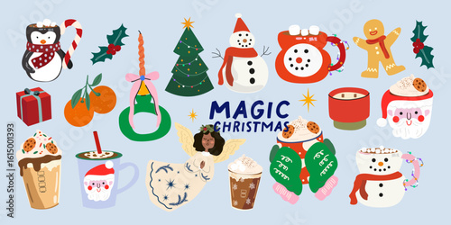 Cartoon Christmas stickers in retro groovy style. Bright vector winter elements and shapes. Hot drinks, candles, Christmas tree, mugs, gingerbread, snowman for cards, patches, labels, stamps