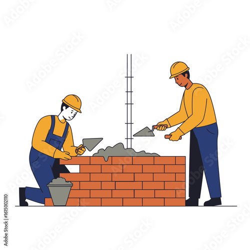 Two skilled construction workers in hard hats meticulously lay bricks to build a sturdy wall, showcasing teamwork and craftsmanship in a clean vector illustration.