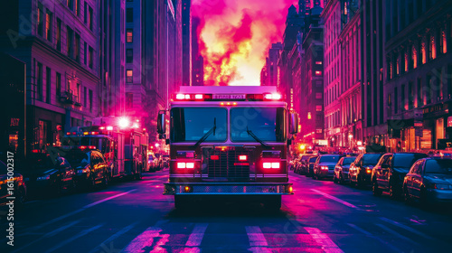 Emergency response: Fire truck brigade on a vibrant city street with a blazing fire, symbolizing urgent action and community support