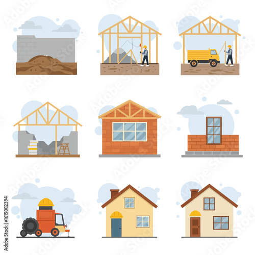 A vector illustration showing the stages of house construction, from the foundation to the finished home, set against a light blue and white background.
