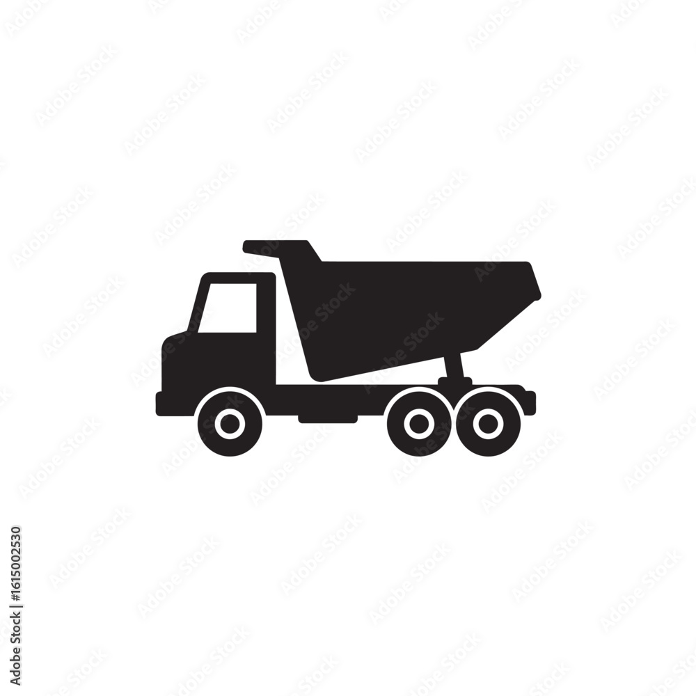 A simple black silhouette icon of a dump truck, commonly used in construction and heavy industry, isolated on a clean white background. A simple black silhouette icon of a dump truck, commonly used in construction and heavy industry, isolated on a clean white background.