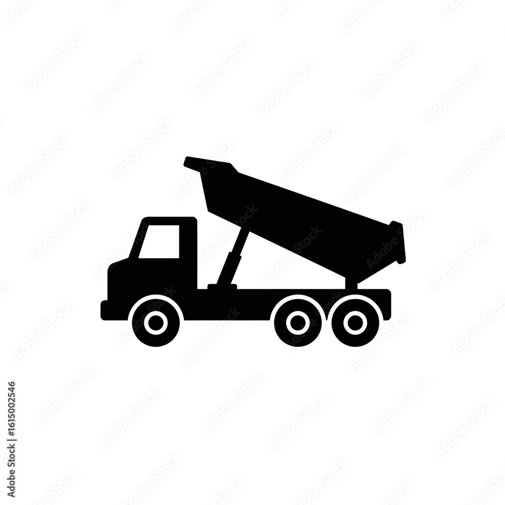 Fototapeta premium A black silhouette of a dump truck, viewed from the side, with its bed raised, representing construction and transport on a clean white background.