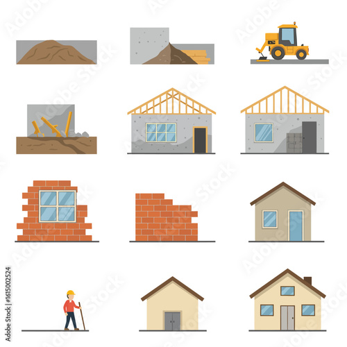 Visual progression of house construction from foundation to finished building, showing stages of development.