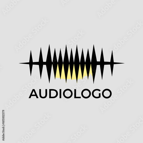 Black sound wave logo with yellow accent and audiologo text graphic