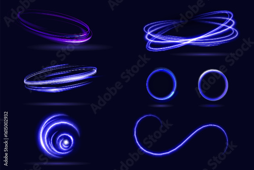 Neon swirl. Curve blue line light effect. Abstract ring background with glowing swirling background. Energy flow tunnel. Blue portal, platform.