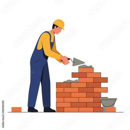 A construction worker in a yellow hard hat carefully lays bricks to build a sturdy brick wall, showcasing the process of building and construction.