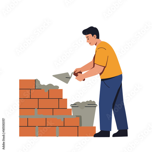 An illustrated male builder diligently lays bricks and applies mortar to construct a new wall, depicted with a clean flat design.