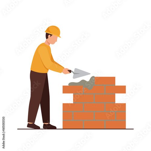 A construction worker wearing a yellow helmet skillfully uses a trowel to apply mortar while building a sturdy brick wall, showcasing meticulous craftsmanship and construction expertise.