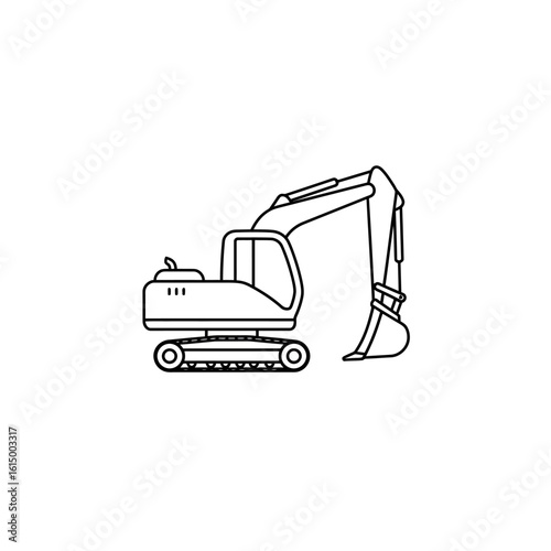 A simple black and white illustration of a construction excavator, perfect for depicting building projects, heavy machinery, and industrial themes on a clean, white background.