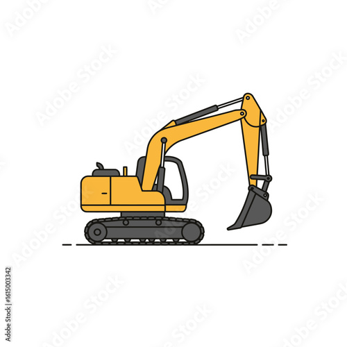A yellow excavator, depicted in a clean, modern line art style, stands ready for construction work on a plain white background, emphasizing simplicity and functionality.