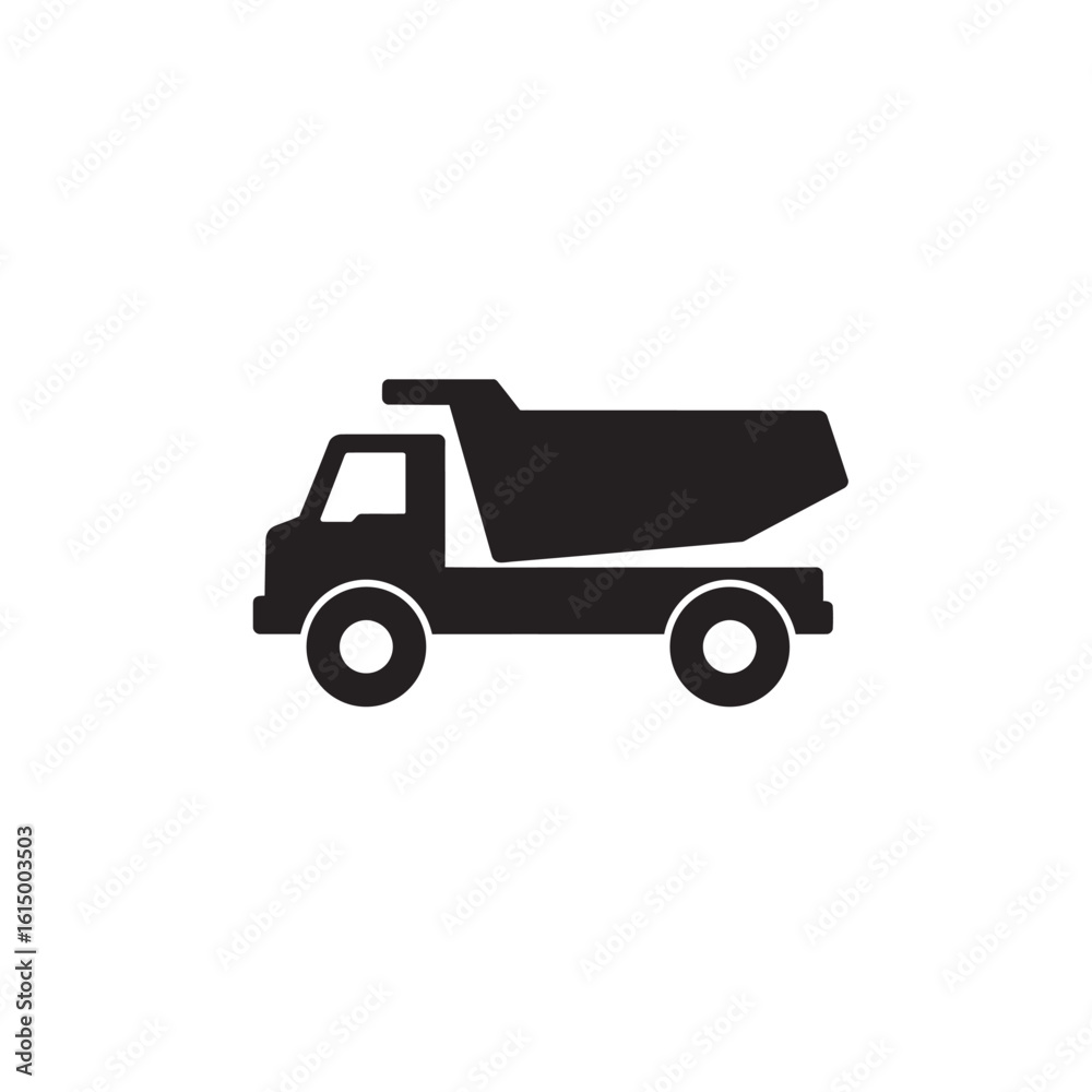 A simple black silhouette of a dump truck on a white background, representing construction and heavy machinery. A simple black silhouette of a dump truck on a white background, representing construction and heavy machinery.