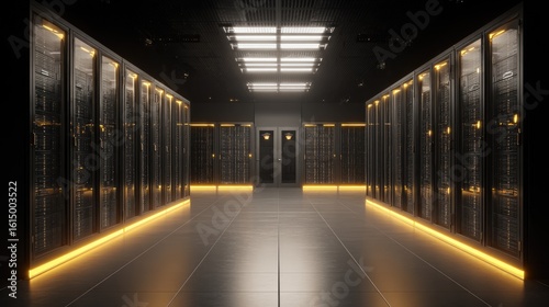 Server room with rows of black cabinets illuminated by a yellow light.