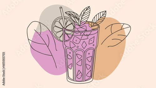 A refreshing beverage illustration featuring a tall glass with mint leaves and a lemon slice, perfect for summer vibes.