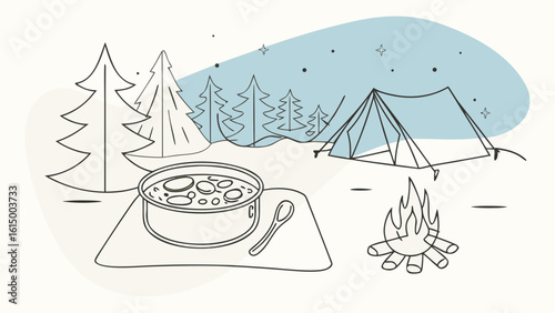 A cozy campsite scene featuring a pot of stew, trees, and a campfire under a starry sky.