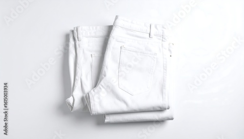 Folded white jeans on white surface