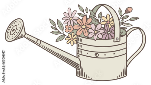 A charming, vintage-style watering can filled with colorful flowers, perfect for gardening enthusiasts and floral decor.