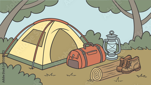 A colorful camping scene featuring a yellow tent, a red duffel bag, a lantern, and hiking boots in a serene forest setting.