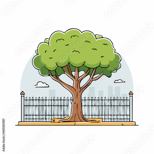 Old growth tree enclosed by fence, skyscrapers looming in the background
