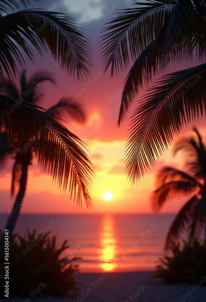 Obraz premium swaying palm leaves silhouette vibrant sunset sky tropical paradise atmosphere, plant, nature, clouds, twilight, beach, easy, landscape, glow, serene, jungle