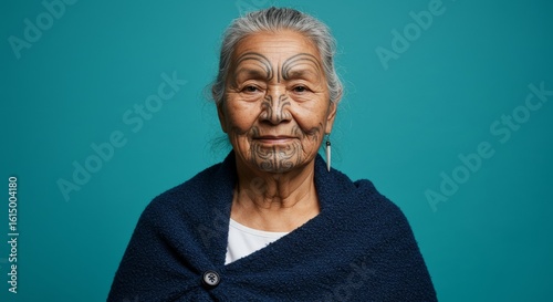 Resilient Māori elder with traditional facial tattoos, embracing her heritage and cultural identity with grace
