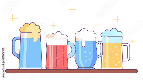 A vibrant assortment of four colorful beer glasses, each showcasing a unique brew with frothy tops.