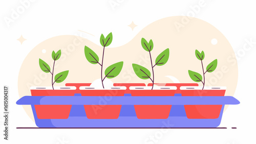 A bright illustration of young green seedlings in red pots, symbolizing growth and new beginnings.